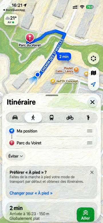 Carte RockQuest affichant l’itinéraire à pied vers un galet peint caché
