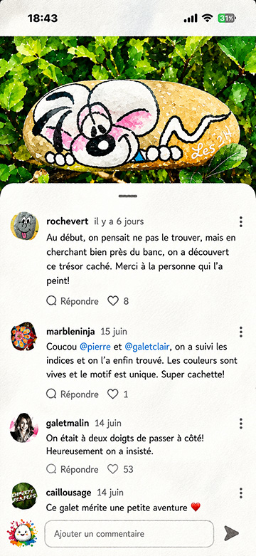 Écran de la carte retraçant le voyage d’un galet