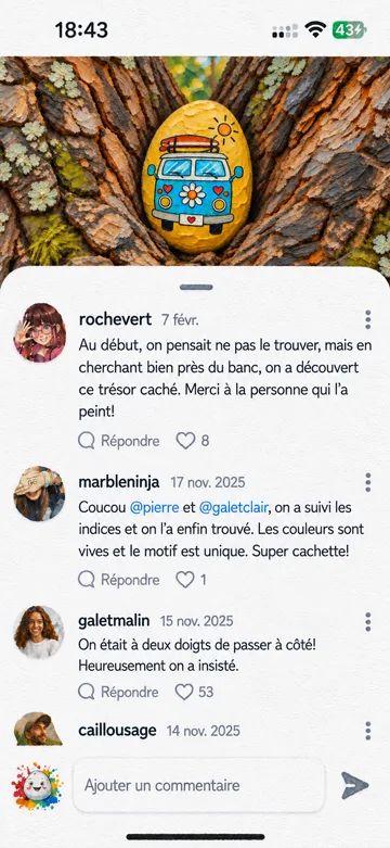 Écran RockQuest montrant un galet peint trouvé et les commentaires de la communauté