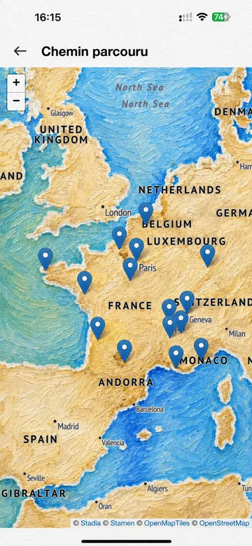 Carte du voyage RockQuest montrant les différents lieux visités par un galet peint