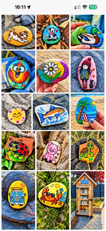 Galerie RockQuest présentant une collection de galets peints