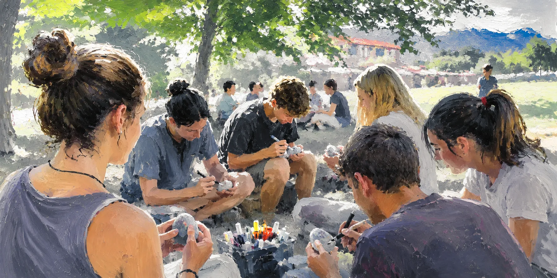 Une communauté peignant ensemble des galets colorés en plein air